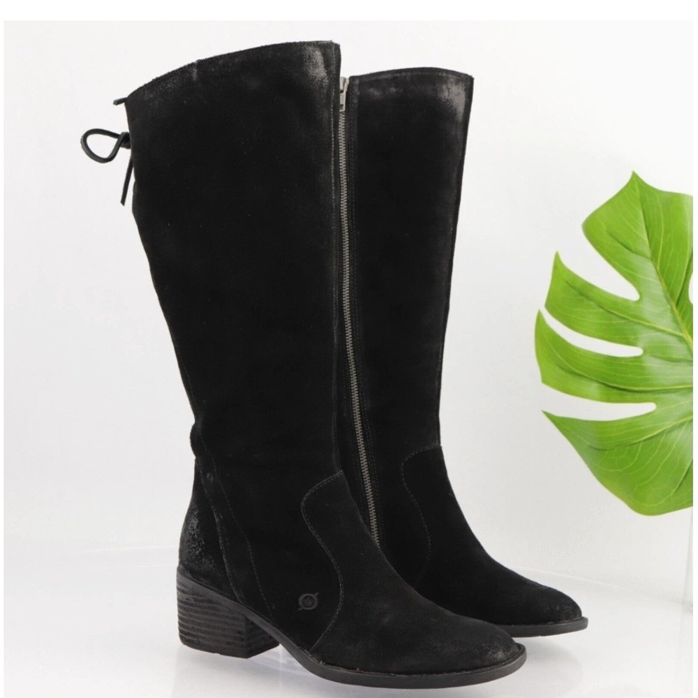 Born Felicia Womens 8.5 Black Suede Tall Wide Calf Block Heel Lace Up Boots - Picture 11 of 12
